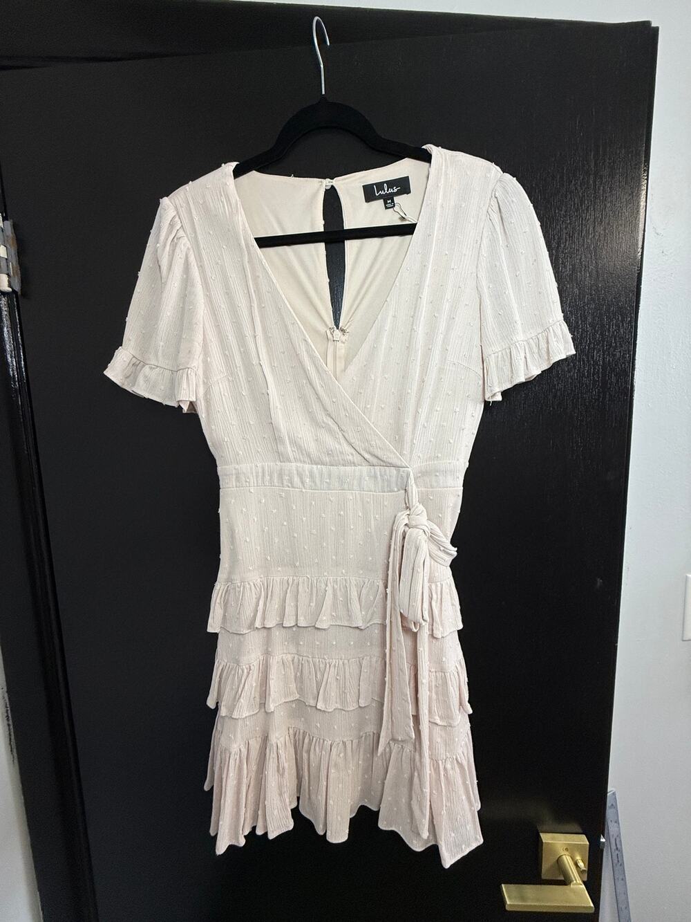 Lulus Swiss Dot Ruffle Mini Dress M Ivory V Neck Tie Waist Boho